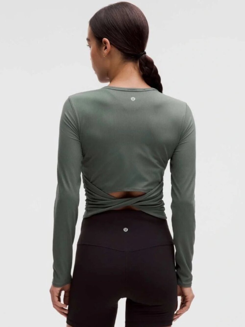 lululemon Green Ribbed Long Sleeve Twist-Back Crop Top sz.0